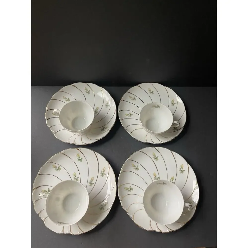 Yamaka Tea Set (4) Cup Saucer Snack Plate Japanese White China Asian Oriental